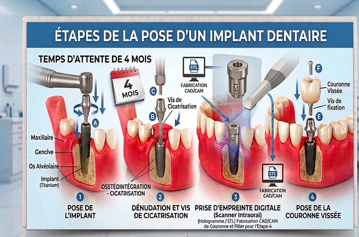 Infographic showing the 4 steps of dental implant placement: implant placement, healing screw and osseointegration, digital intraoral scan and CAD/CAM crown fabrication, and final screwed crown placement